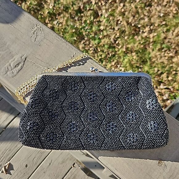 Vintage Handbags - Vintage beaded black clutch handbag
